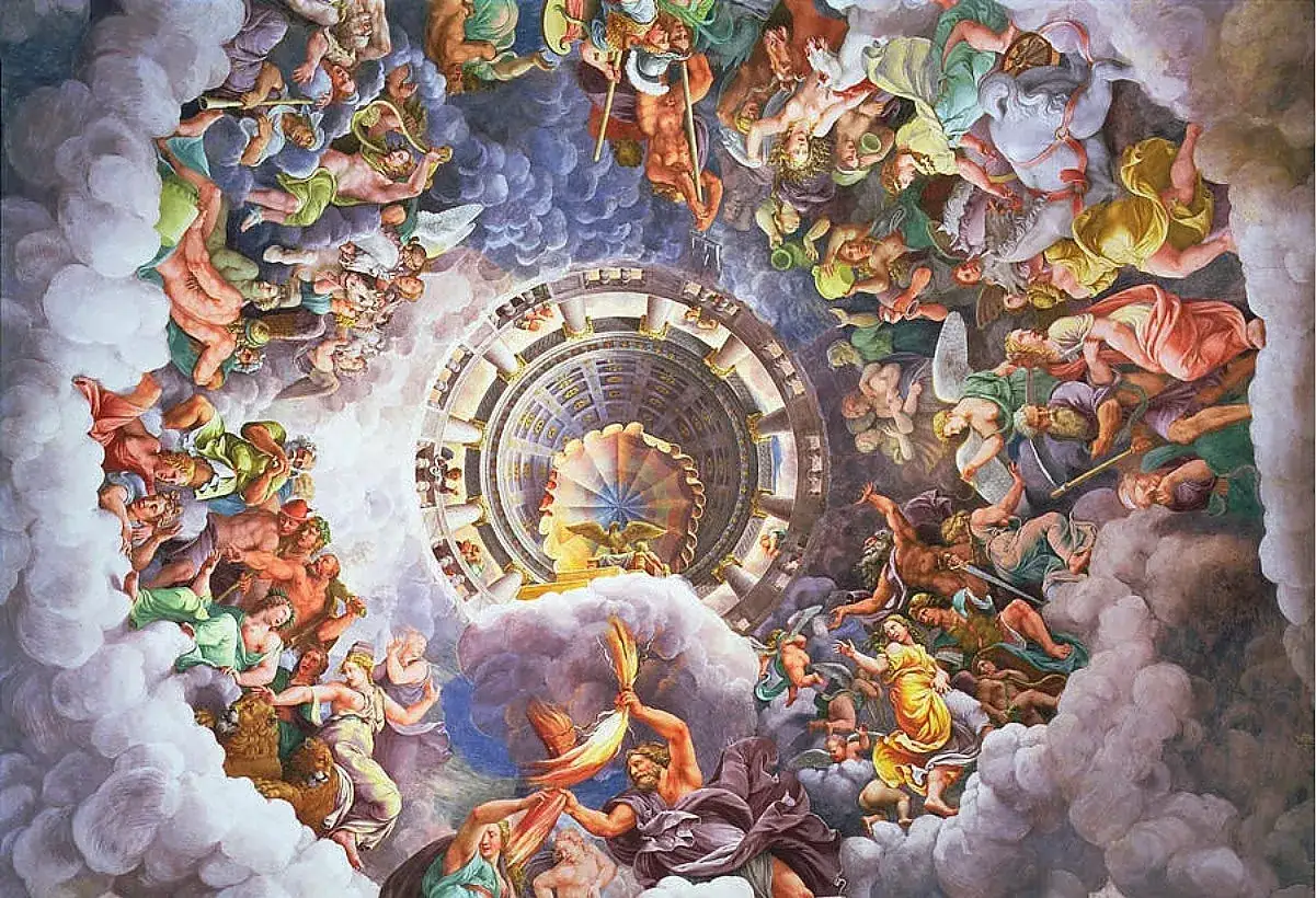 Barwny fresk przedstawia scenę z mitologii greckiej, gdzie bogowie i herosi unoszą się wśród chmur, tworząc dynamiczną kompozycję.