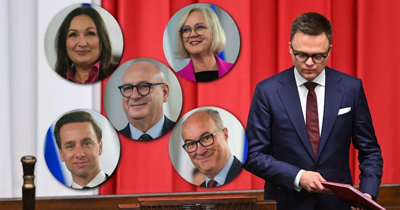 Wicemarszałek Sejmu w garniturze z dokumentami, obok portrety innych posłów.