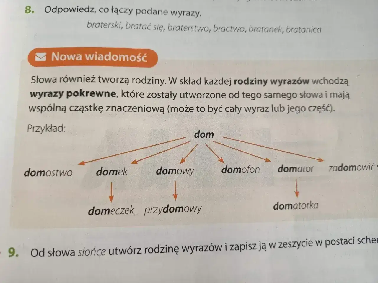 Schemat przedstawia rodzinę wyrazów z rdzeniem 