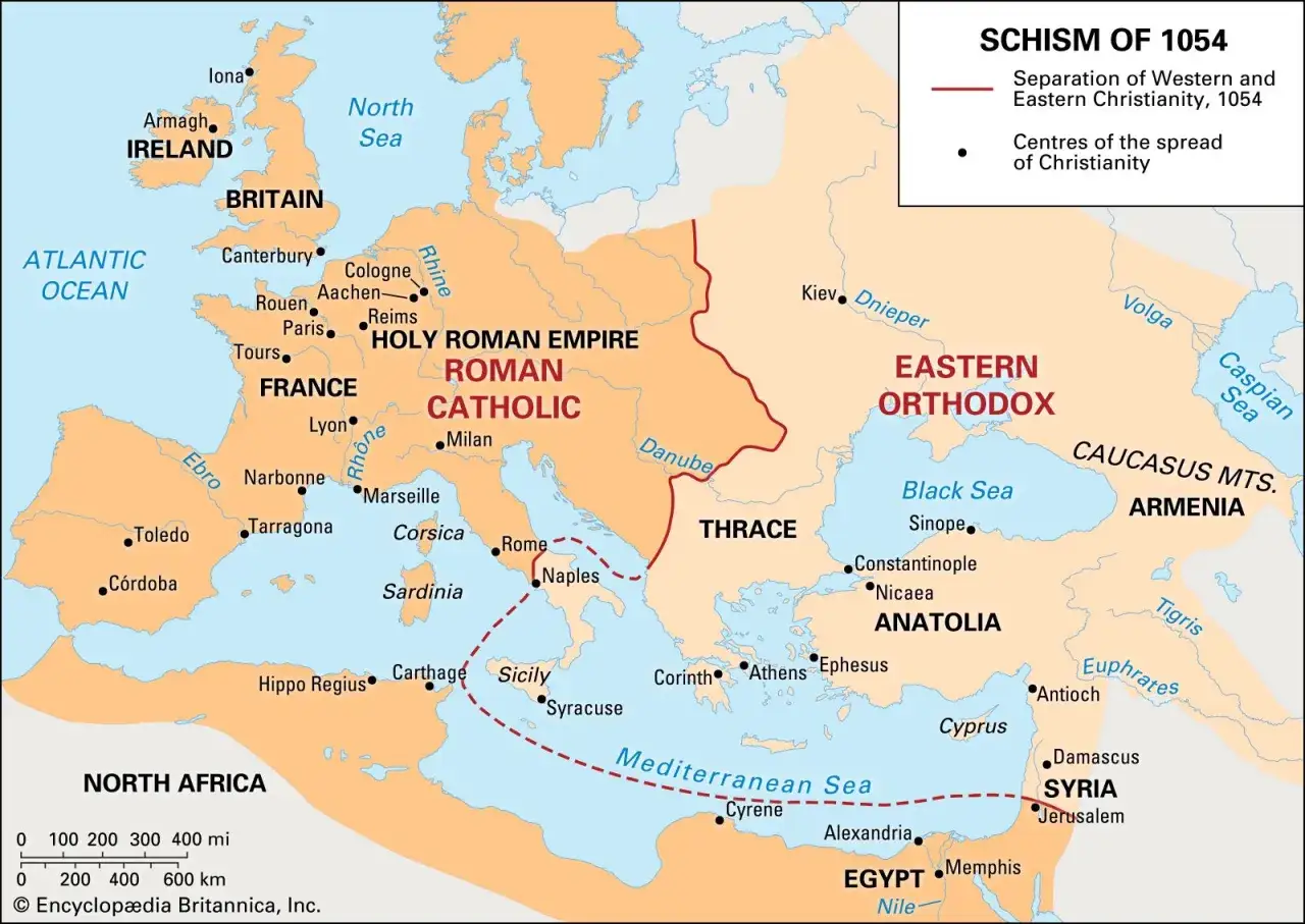 Mapa Europy i Bliskiego Wschodu z zaznaczonym rozłamem w kościele w 1054 roku, dzielącym ją na katolicką i prawosławną.
