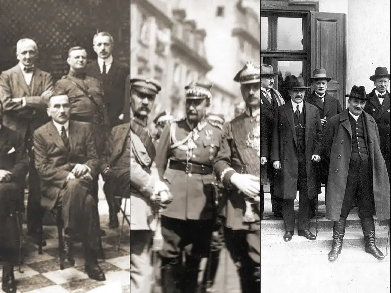 Grupa mężczyzn w garniturach i mundurach, symbol odzyskania niepodległości w 1918 roku.
