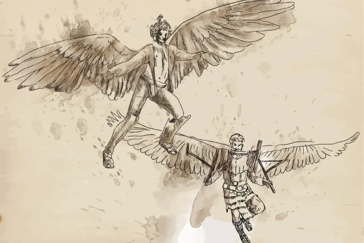 Ilustracja nawiązująca do mitu o Dedalu i Ikarze. Dwóch mężczyzn ze skrzydłami próbuje uciec z labiryntu.