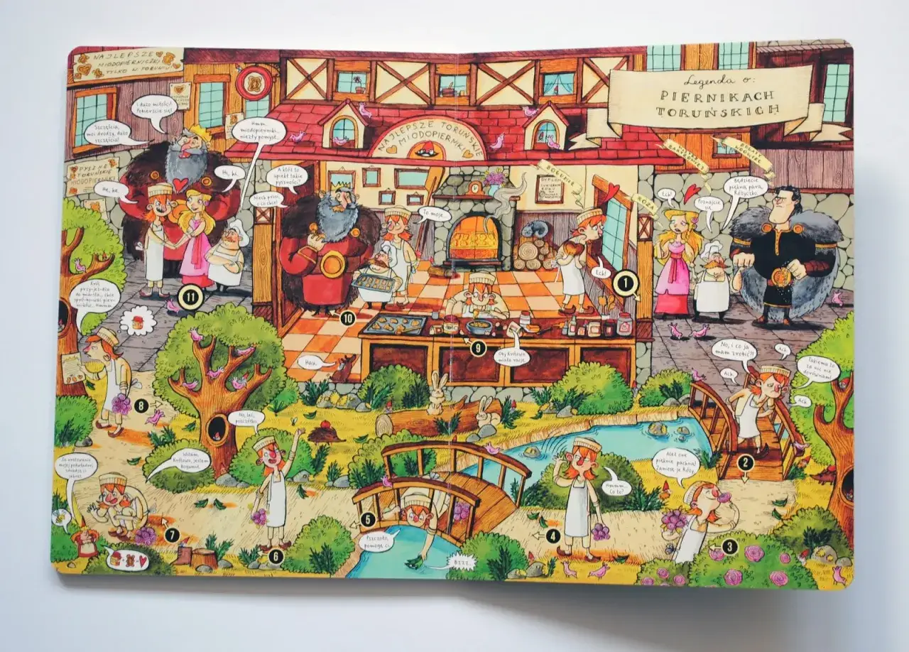 Ilustracja przedstawia scenę z legendy o piernikach toruńskich. Widać tu postacie piekarzy, króla i królowej, a także piękne, kolorowe budynki i przyrodę.
