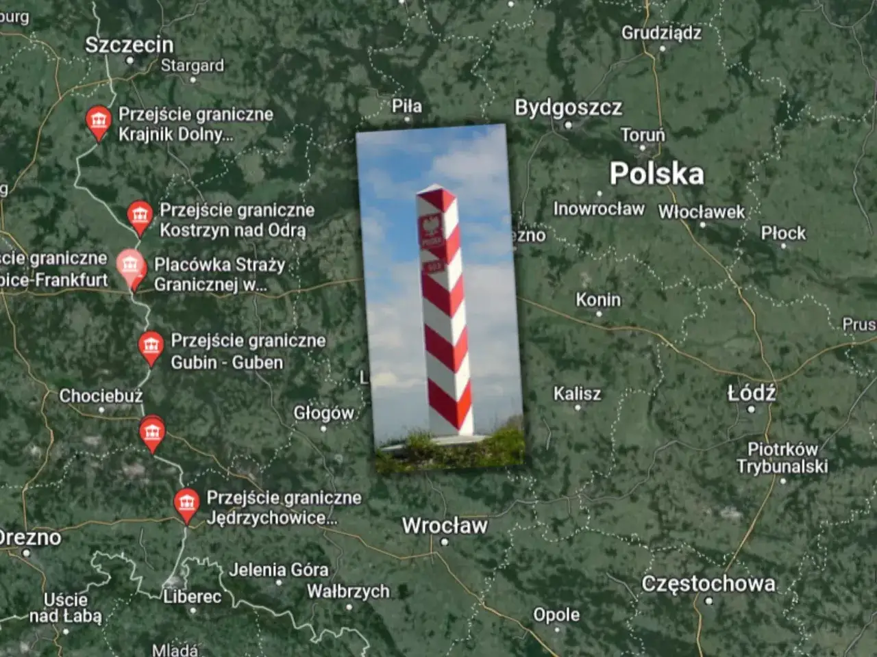 Mapa Polski z zaznaczonymi przejściami granicznymi i słupem granicznym.
