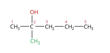 Schemat przedstawia 2-chloro-2-pentanol, przykład alkoholu z rozgałęzieniem, ilustrujący rzędowość alkoholi.