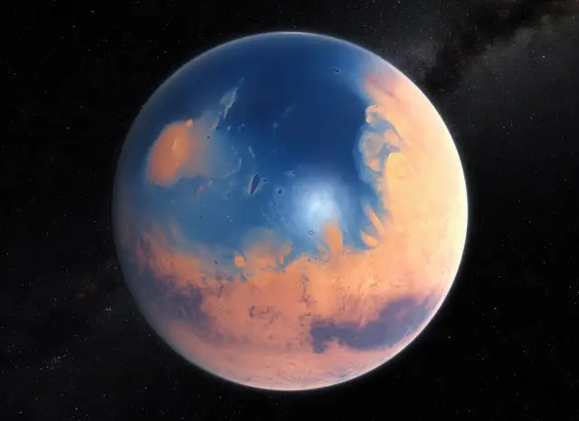 Czerwona planeta, Mars, w otoczeniu gwiazd. Widoczne są jego pomarańczowe pustynie i niebieskie obszary, być może dawne oceany.