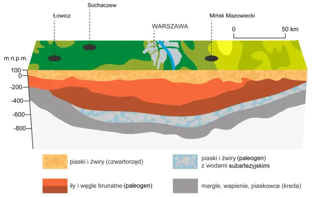 Przekrój geologiczny Niziny Śląskiej ukazuje warstwy piasków, iłów, węgla brunatnego i margli.