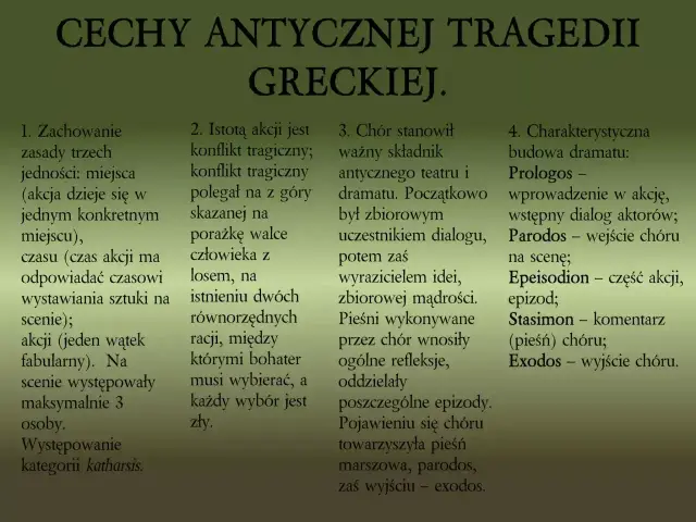 Cechy tragedii antycznej: zasady trzech jedności, konflikt tragiczny, rola chóru, budowa dramatu (prologos, parodos, epeisodion, stasimon, exodos).